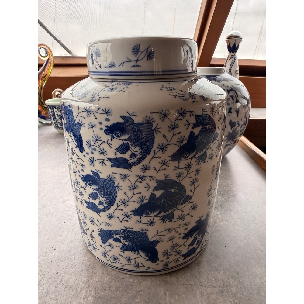 Vintage Chinese Blue And White Porcelain Koi Fish Ginger Jar Lidded 11"
